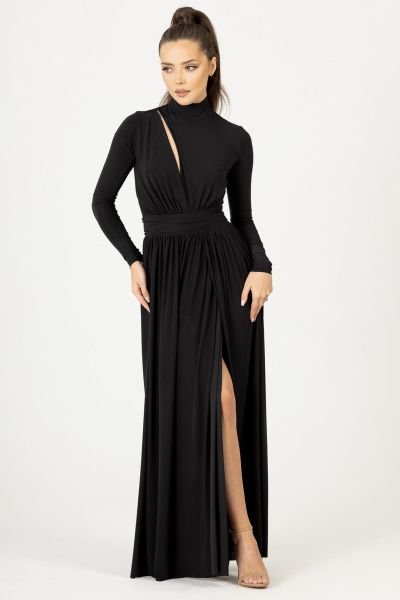 Czarna długa suknia wieczorowa z pęknięciem na dekolcie Ivy-BK01-XS/S