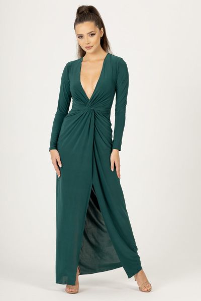 Zielona sukienka wieczorowa maxi z głębokim dekoltem Brigette-GN07-XS/S