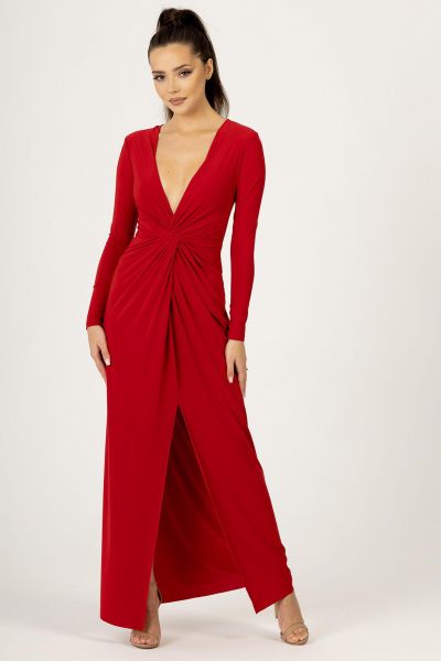 Czerwona sukienka maxi z dekoltem w szpic i drapowaniem Brigette-RD01-XS/S