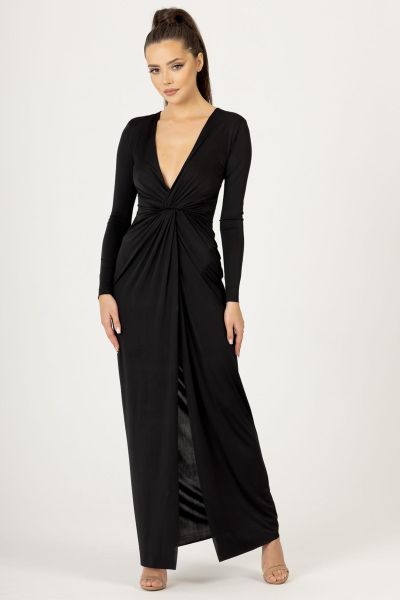 Czarna długa sukienka wieczorowa z marszczeniami i głębokim dekoltem Brigette-BK01-XS/S