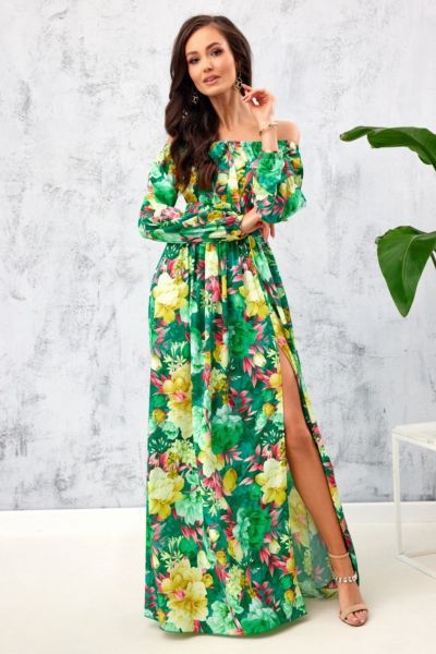 Zielona sukienka hiszpanka maxi w kwiatowy wzór