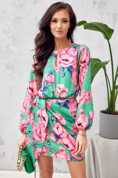 Turkusowa sukienka mini w różowe kwiaty - molerin