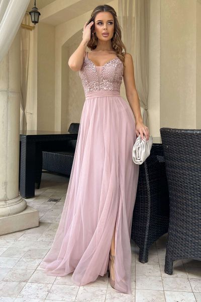 Różowa rozkloszowana sukienka maxi na wesele Alexia-PI02-XS
