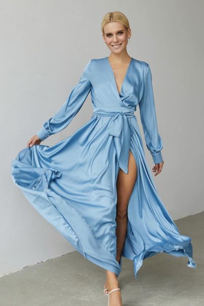Błękitna długa sukienka satynowa Nel-BL02-XS