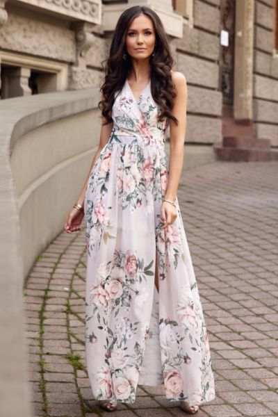 Beżowa sukienka maxi w kwiaty Libra II-BZ01-S