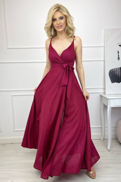 Brokatowa długa sukienka w kolorze czerwonego wina na wesele Paris-RD02-XS