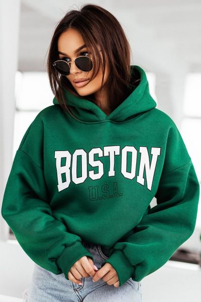 Ciemnozielona bluza damska z napisem Boston