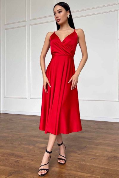 Czerwona satynowa sukienka midi na wesele Lea-RD01-XS