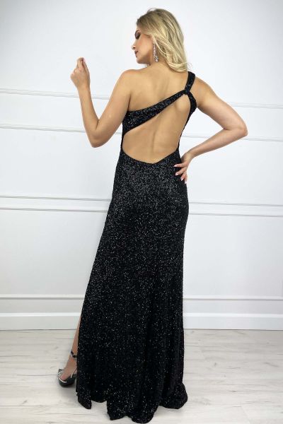 Czarna brokatowa sukienka na jedno ramię na Andrzejki Kleopatra-BK01-S