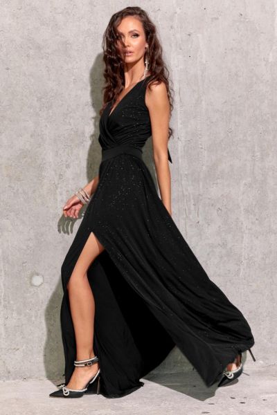 Czarna sukienka wieczorowa maxi z brokatem Libra