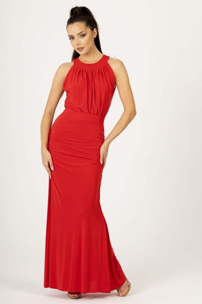 Czerwona sukienka maxi w  greckim stylu