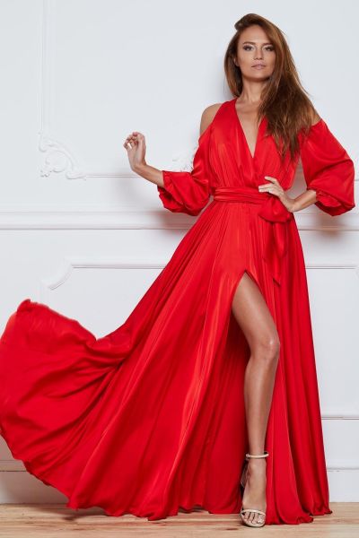 Czerwona satynowa długa sukienka Angelina-RD01-XS
