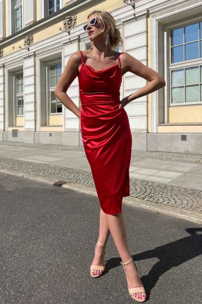 Czerwona satynowa sukienka midi na studniówkę Sasha-RD01-XS