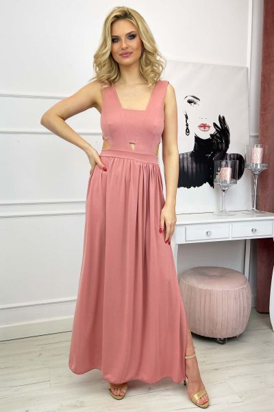 Pudrowo różowa letnia sukienka maxi w wycięciami Catrina-PI02-UNIWERSALNY