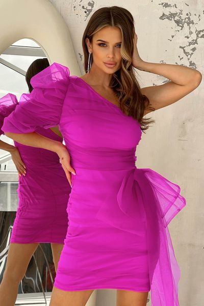 Fioletowa sukienka mini na jedno ramię z bufką Naomi-PR01-XS