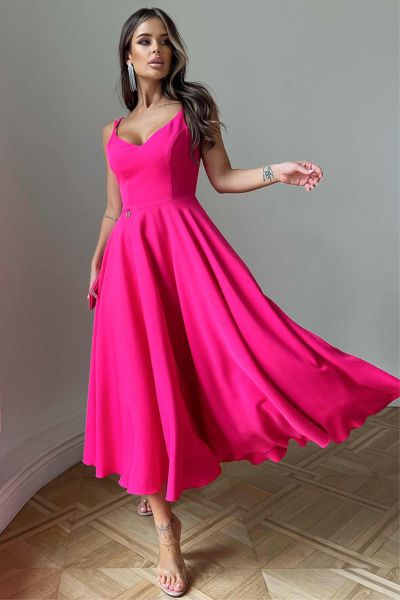 Różowa sukienka midi na cienkich ramiączkach na wesele Amaris-PI06-XS
