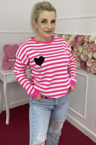 Różowy sweter damski w paski Heart-PI03-UNIWERSALNY