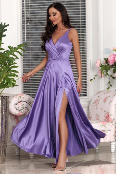Jasnofioletowa satynowa długa sukienka wieczorowa Marina-PR02-XS