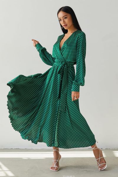 Zielona sukienka satynowa w groszki Roma-GN07-XS