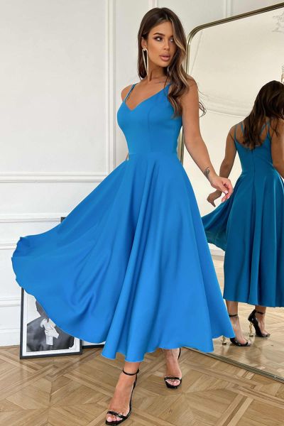 Niebieska sukienka midi na cienkich ramiączkach na wesele Amaris-BL06-XS