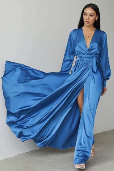 Niebieska długa sukienka satynowa na wesele Nel-BL01-XS