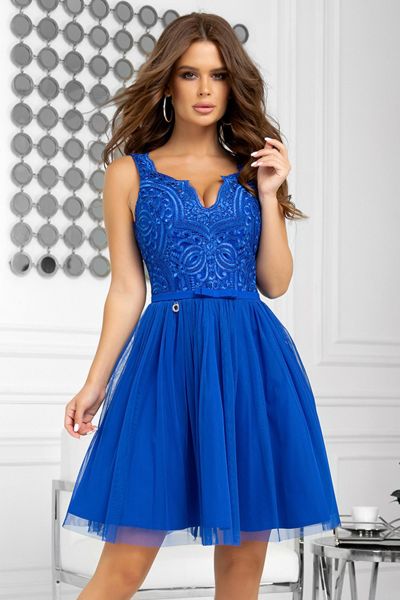 Niebieska krótka sukienka z dekoltem  w szpic Rose-BL01-XS