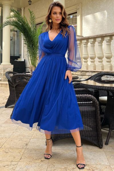 Niebieska sukienka midi z tiulową siateczką Juna-BL01-XS