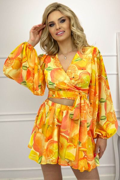 Pomarańczowy komplet damski wiązana bluzka ze spodenkami Viviana-OR01-UNIWERSALNY