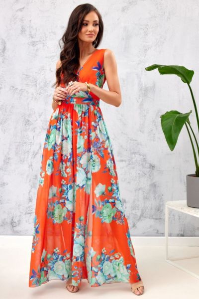 Pomarańczowa sukienka maxi w kwiaty na lato