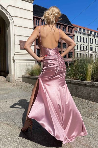 Różowa długa sukienka na cienkich ramiączkach na wesele Leslie-PI02-XS