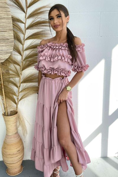 komplet damski bluzka hiszpanka i długa spódnica różowy Nicco-PI01-UNIWERSALNY