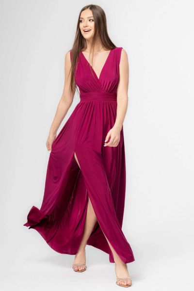Różowa długa sukienka wieczorowa na szerokich ramiączkach XS/S