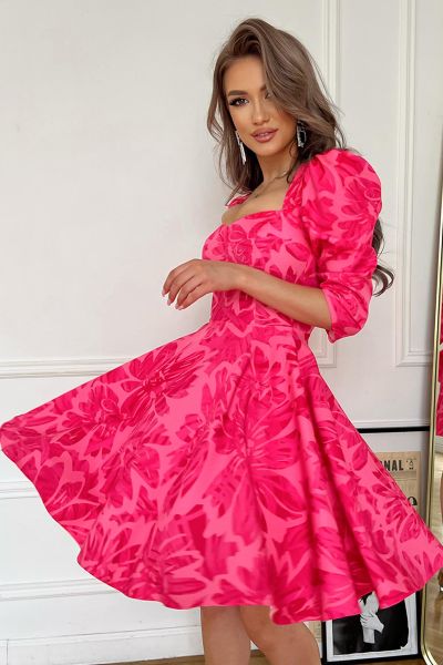 Różowa rozkloszowana sukienka mini z bufkami na wesele Valentina-PI06-XS