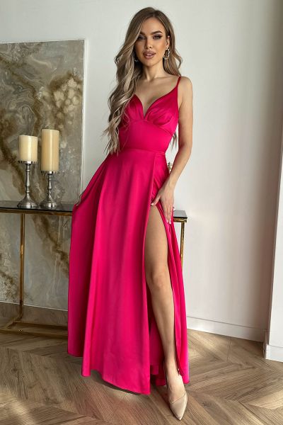 Ciemno różowa długa satynowa sukienka na wesele Serafina-PI03-XS