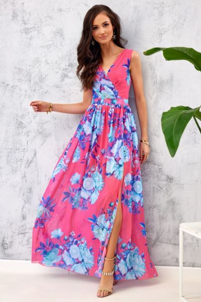Różowa sukienka letnia maxi w kwiatowy print