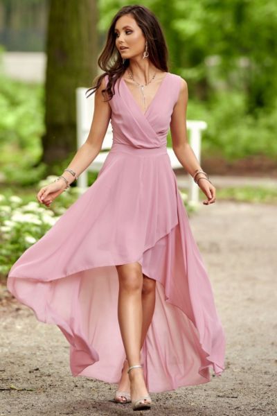 Pudrowo różowa sukienka szyfonowa wizytowa Roco-PI01-XL
