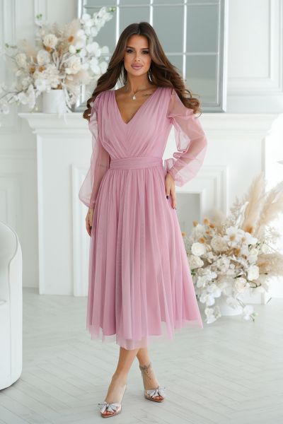 Tiulowa sukienka midi na wesele różowa Juna-PI02-L