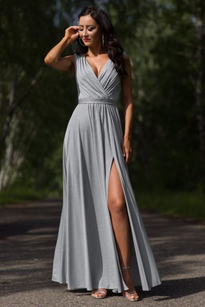 Srebrna wieczorowa sukienka maxi z poświatą Salma -SB01-S (34-36)
