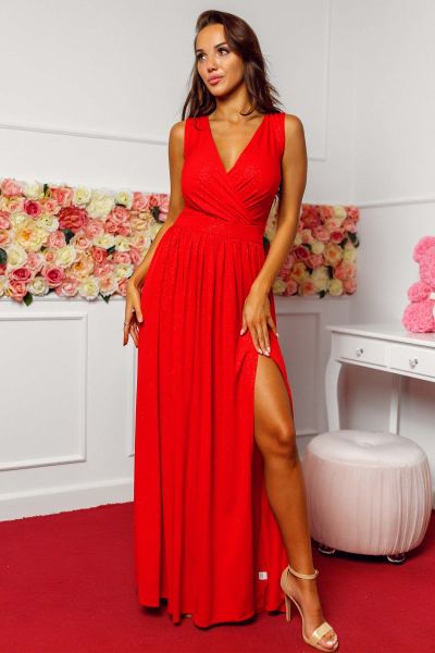 Czerwona brokatowa sukienka maxi Libra