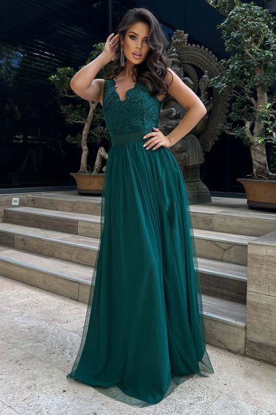  Zielona wieczorowa sukienka z koronkowym dekoltem Ariadna-GN07-XS