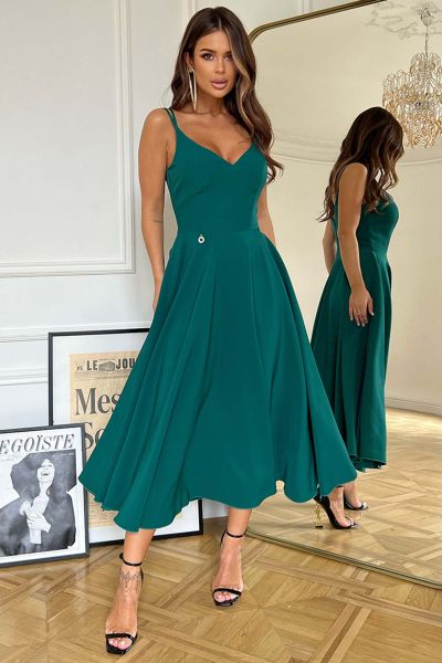 Zielona  sukienka midi na cienkich ramiączkach na wesele Amaris-GN10-XS