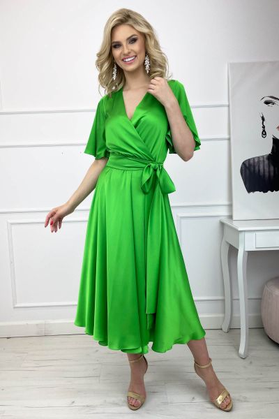 Zielona satynowa sukienka midi z krótkim rękawem Rozanna-GN01-XS