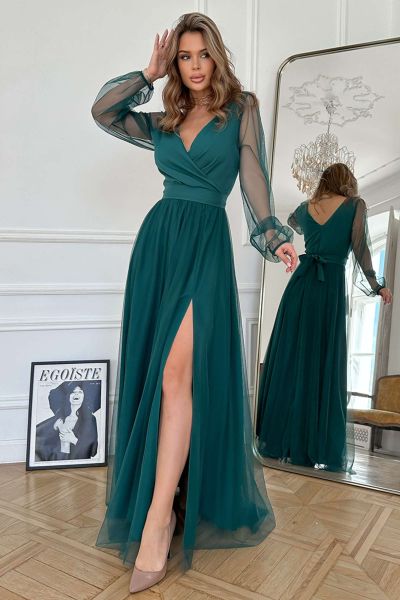 Tiulowa zielona maxi sukienka na studniówkę Debra-GN07-S