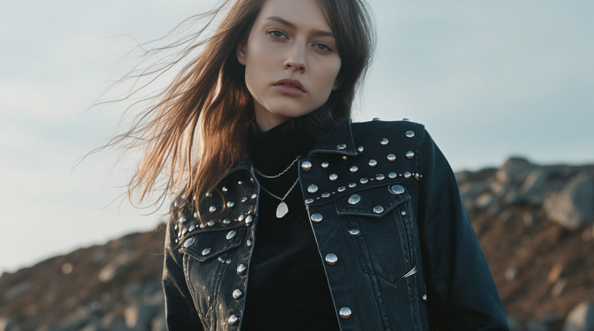 modelka w czarnej jeansowej kurtce