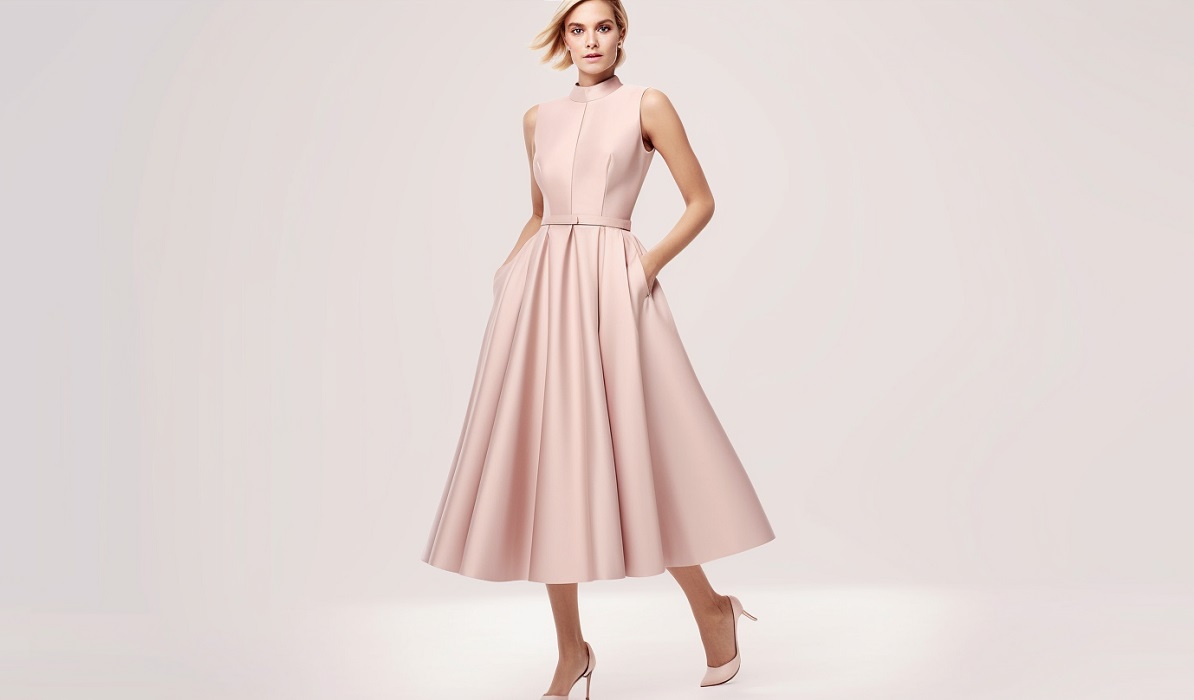 kobieta w pudrowej eleganckiej sukience