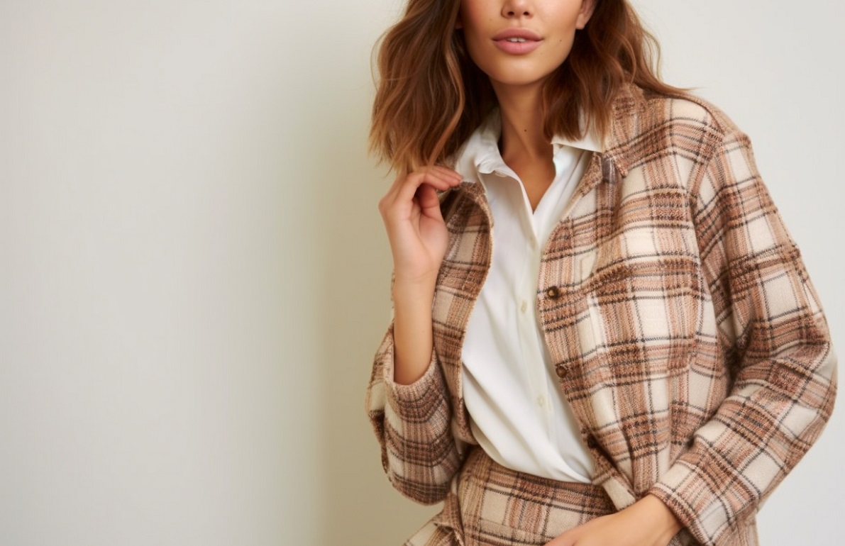 modelka w koszulowej kurtce w kratkę