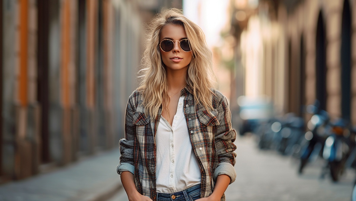 blondynka w kurtce koszulowej w kratę i białej koszuli