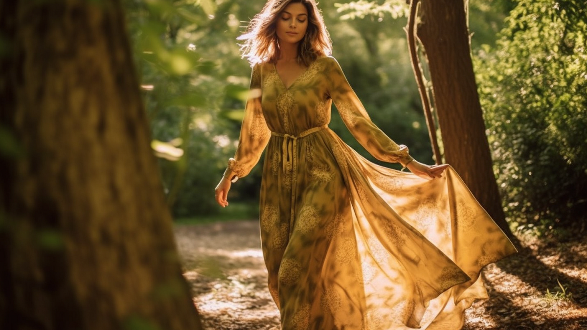 kobieta w lesie w sukience boho